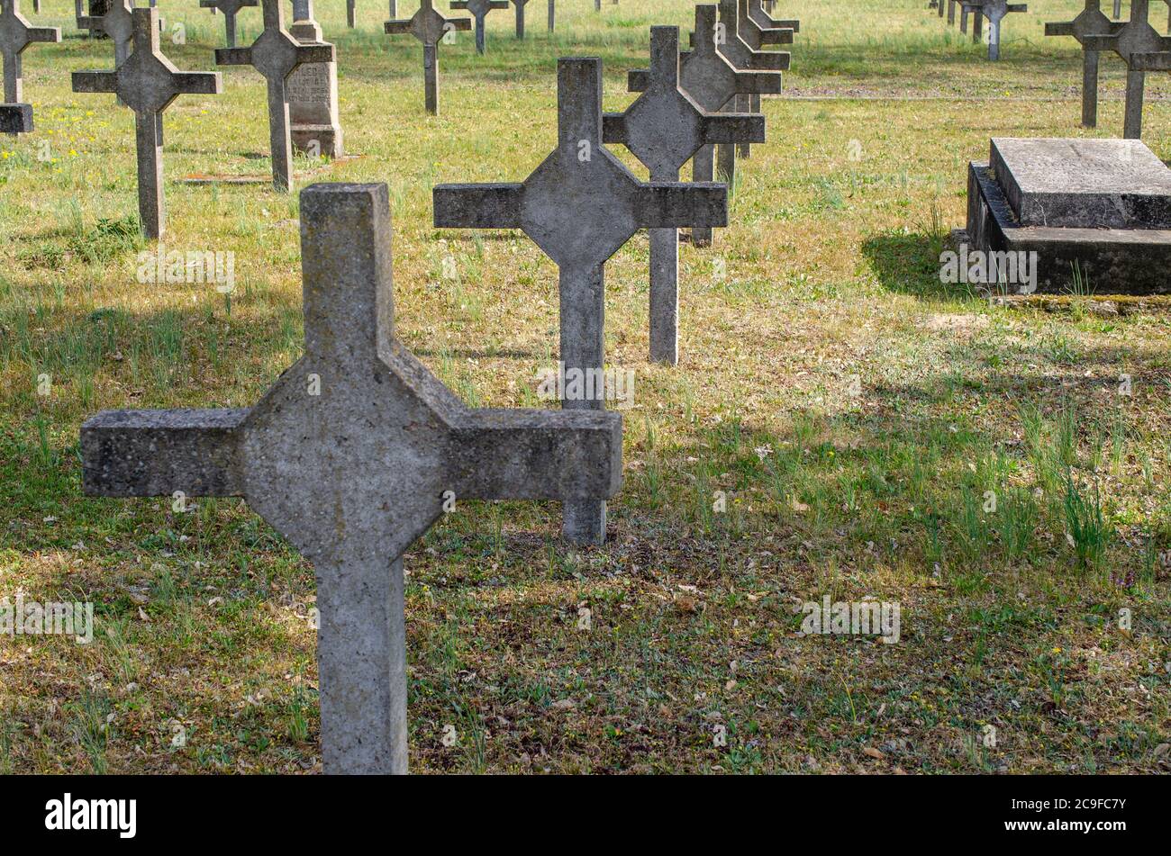 Crosses at the graves of fallen soldiers in the garrison cemetery Stock