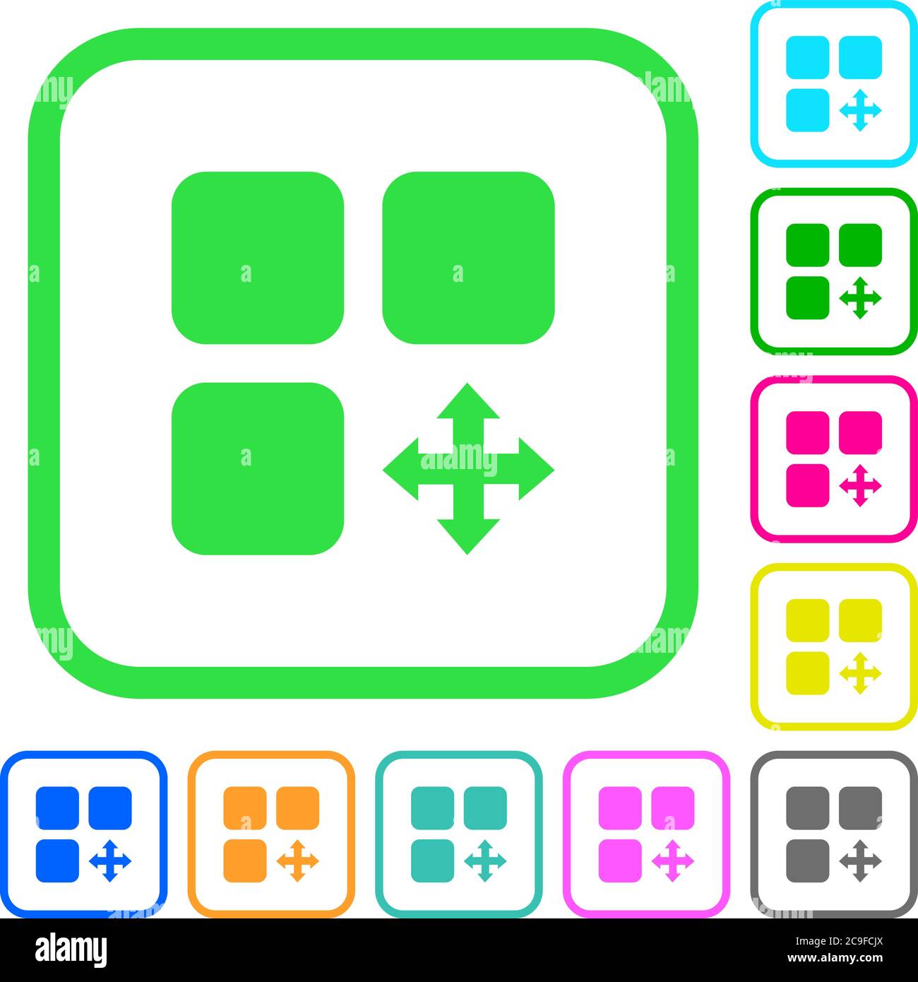 Move component vivid colored flat icons in curved borders on white ...