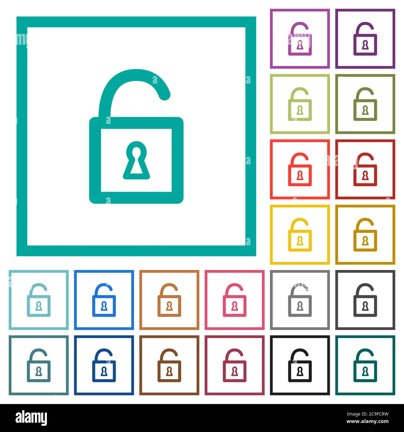 Unlocked padlock flat color icons with quadrant frames on white ...