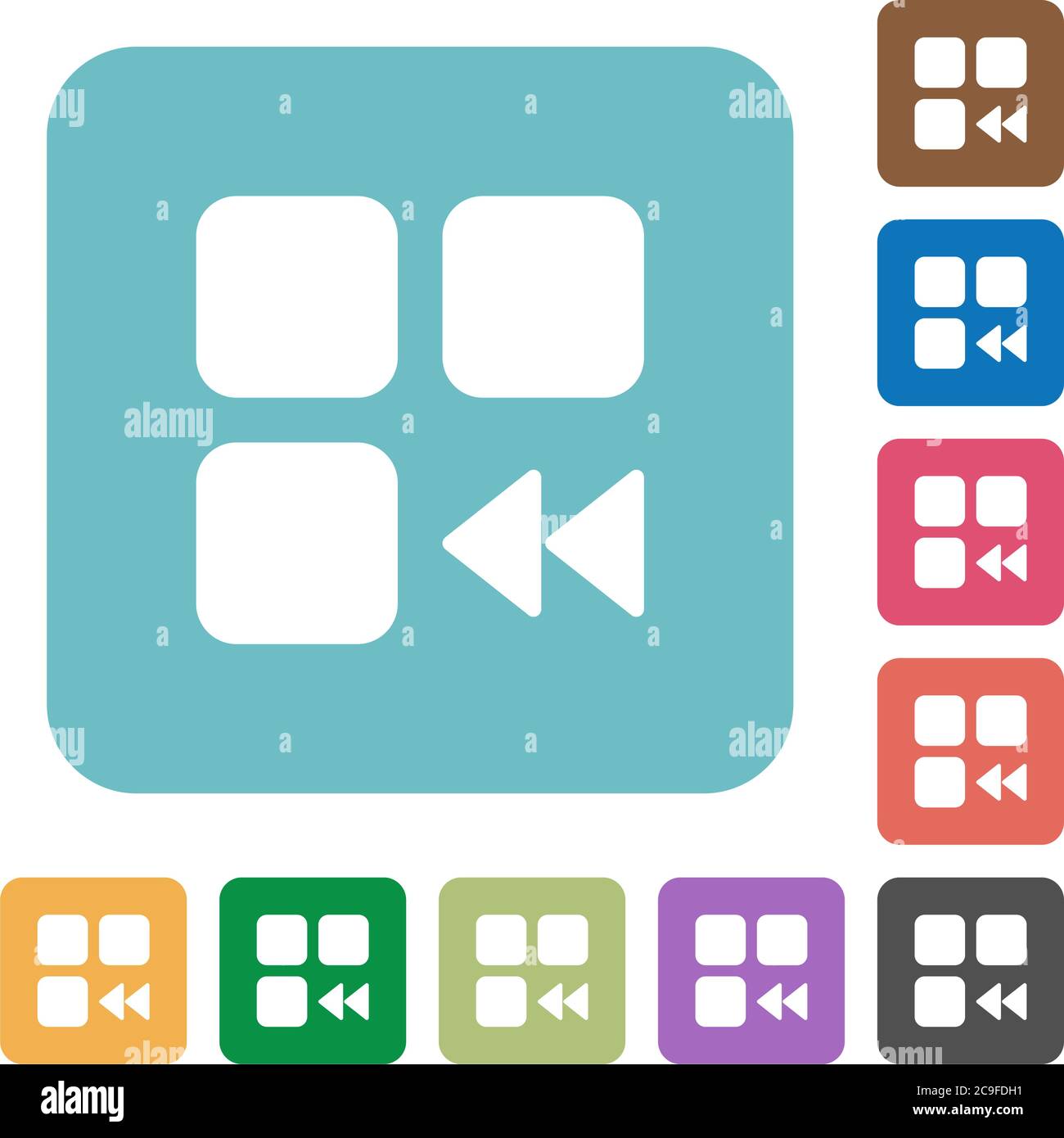 Component fast backward white flat icons on color rounded square ...
