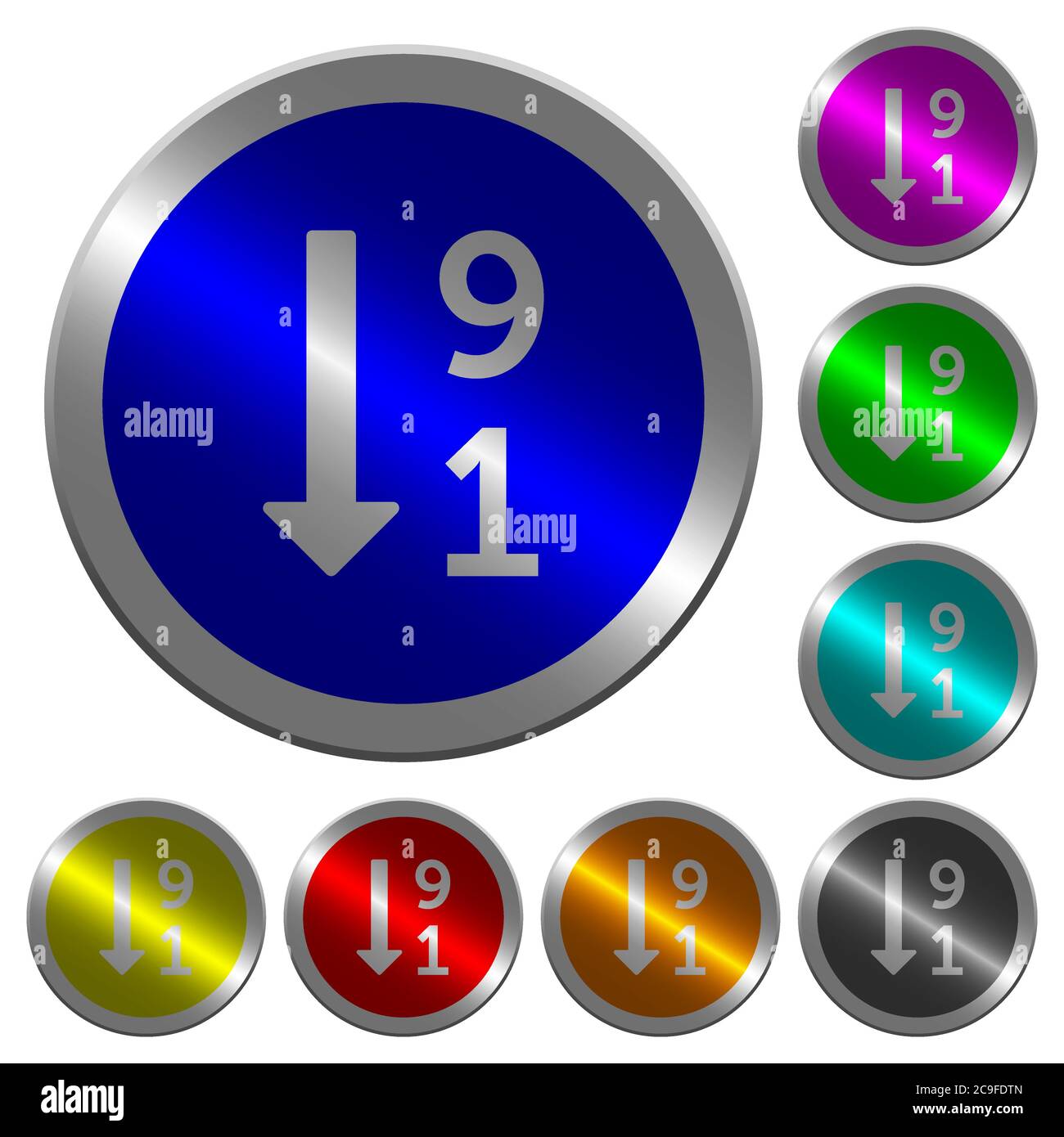 Descending numbered list icons on round luminous coin-like color steel ...