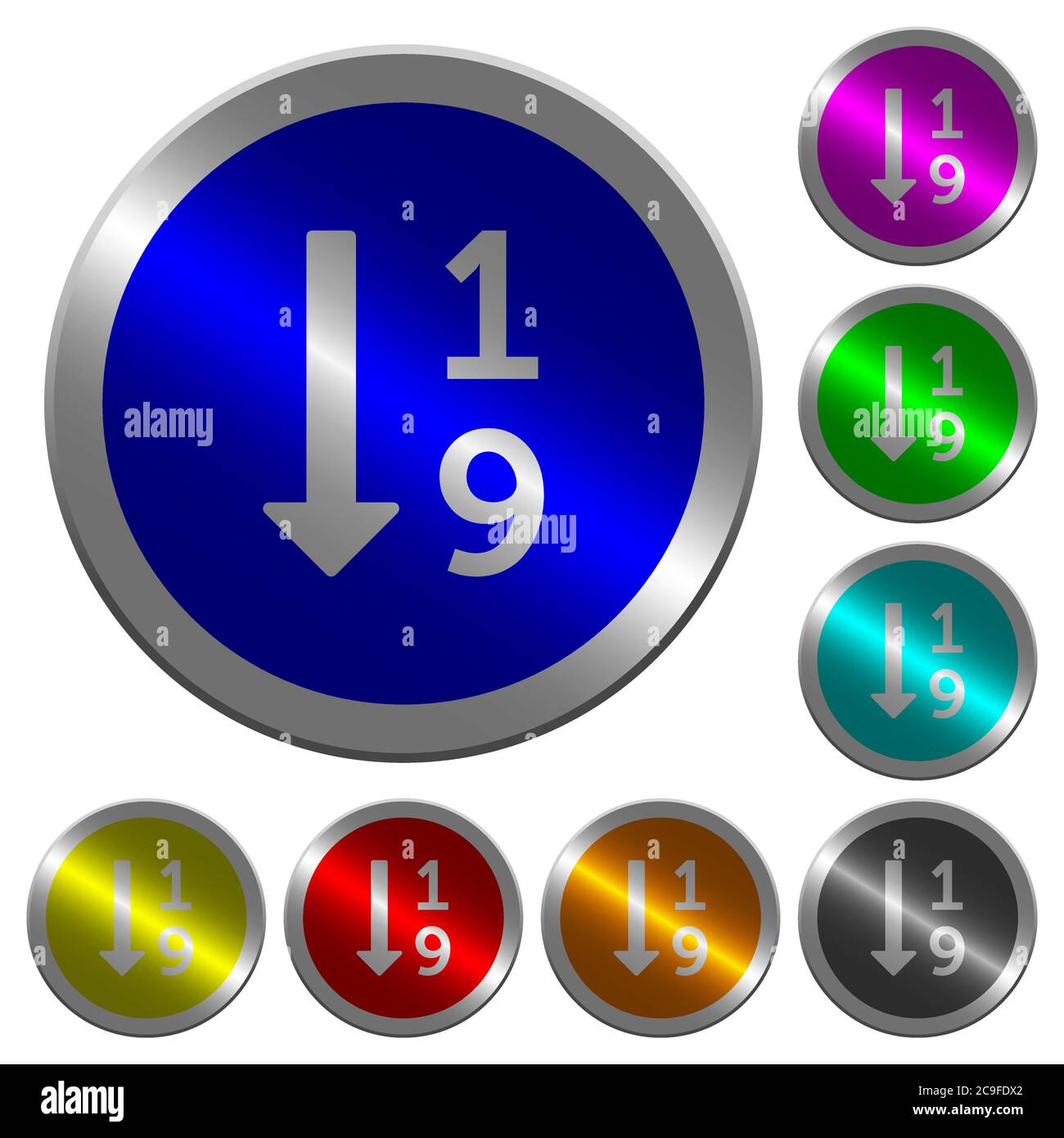 Ascending numbered list icons on round luminous coin-like color steel buttons Stock Vector