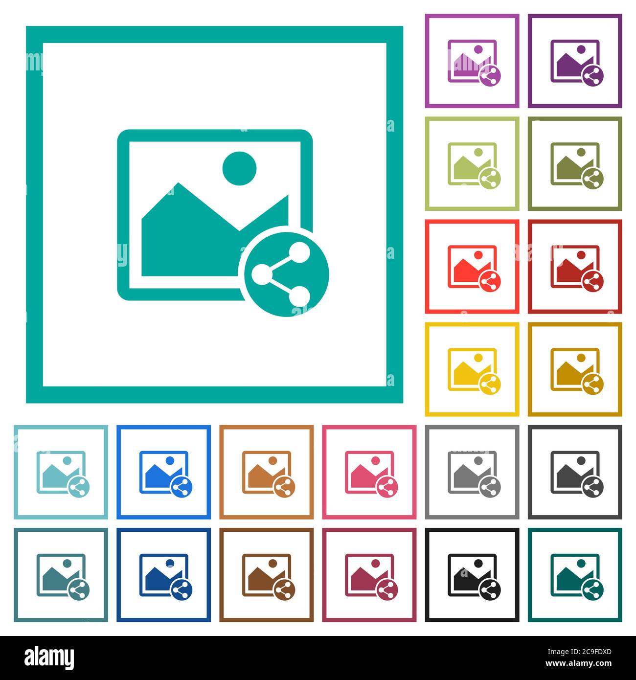 Share image flat color icons with quadrant frames on white background Stock Vector