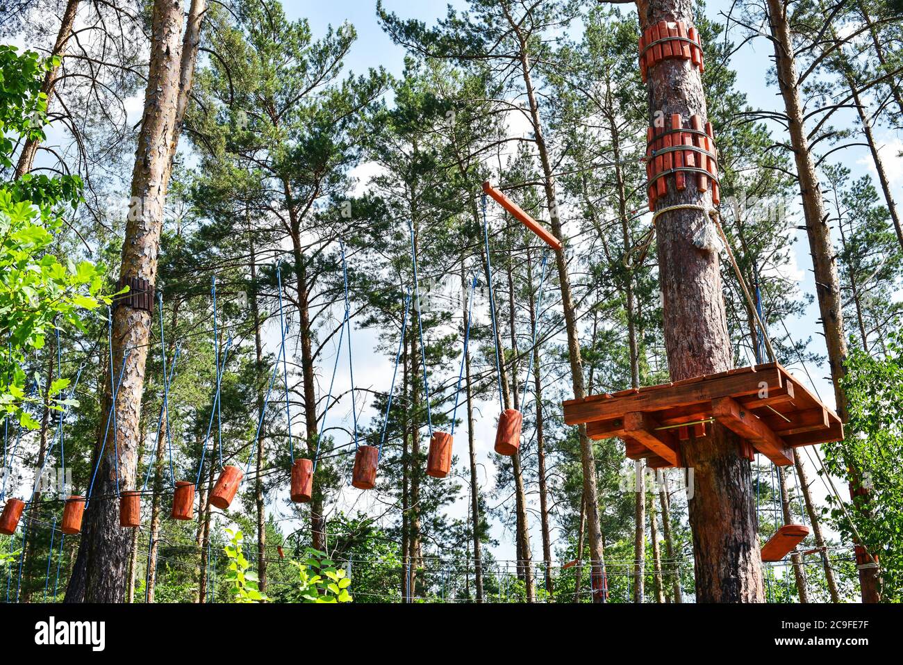 Rope town. Active family vacation in the open air. Elements of a rope ...