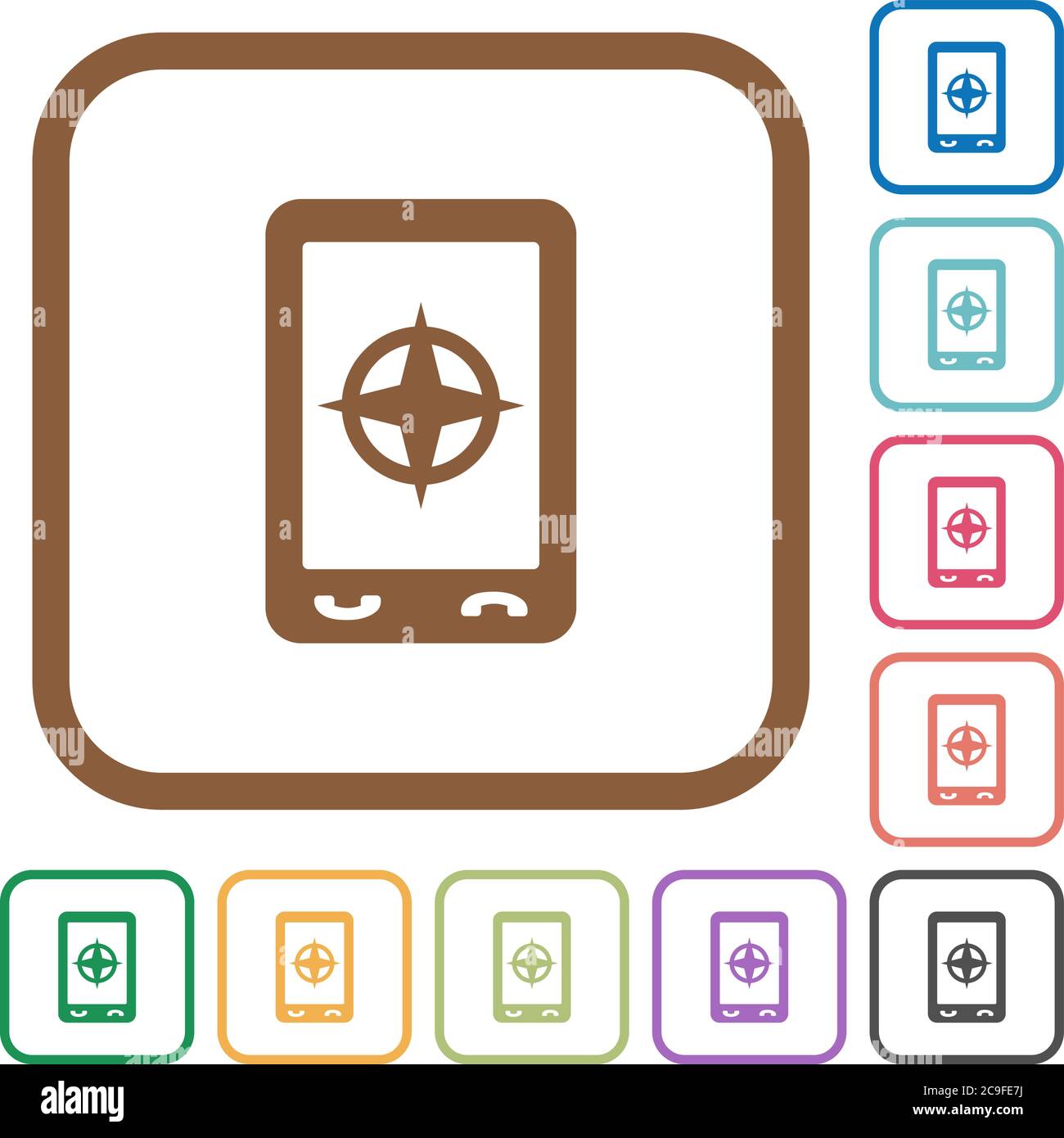 Mobile compass simple icons in color rounded square frames on white background Stock Vector