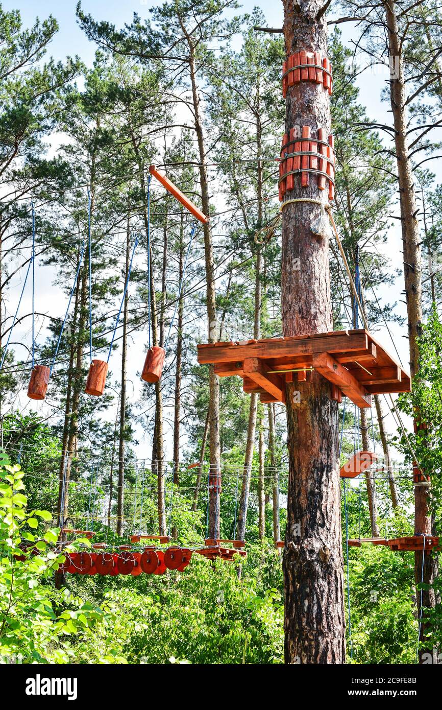 Rope town. Active family vacation in the open air. Elements of a rope ...