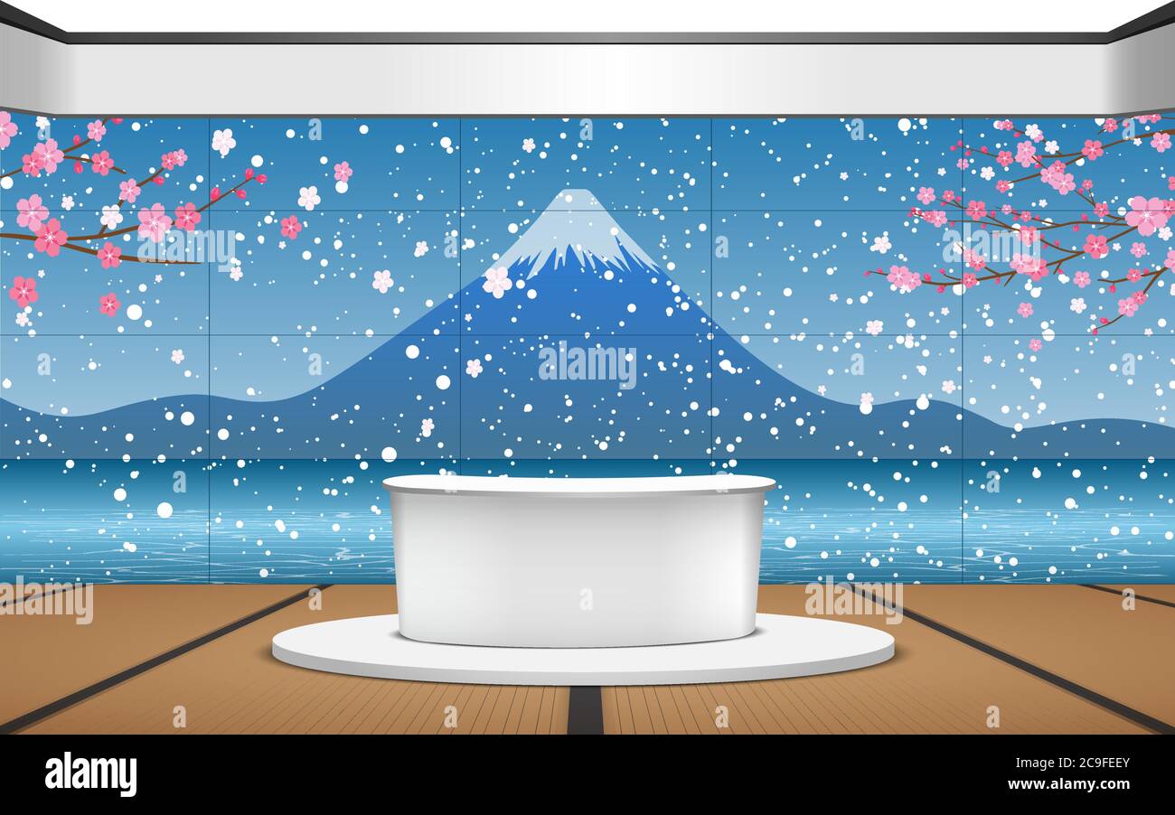 white table in the studio room with the snow fall at the fuji mountain background Stock Vector