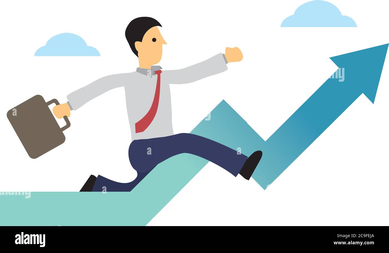 Businessman running up the upward arrow. Concept of growth or stock ...