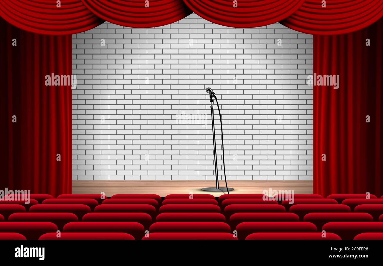 microphone and red curtain on the wooden stage in the hall Stock Vector