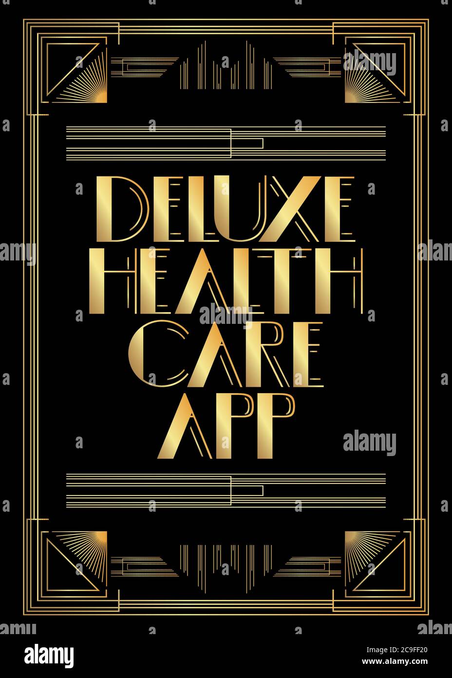 Art Deco Retro Deluxe Health Care App text. Decorative greeting card, sign with vintage letters. Stock Vector