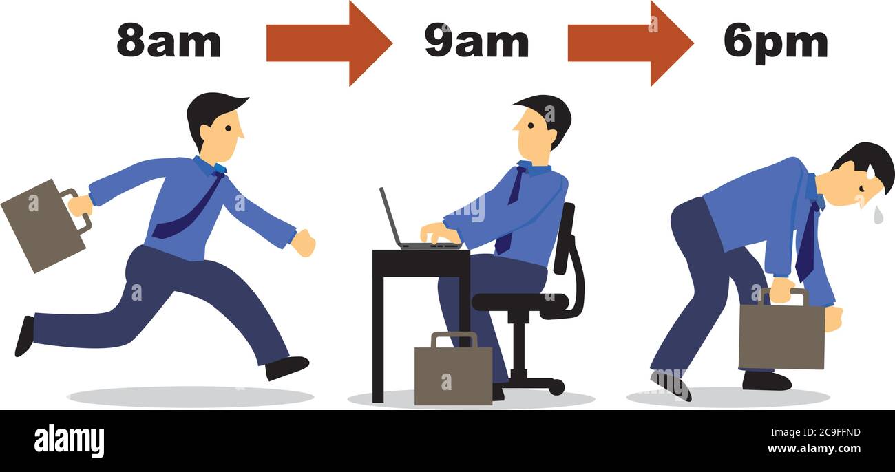 Daily routine life of a an corporate man character. Working hours