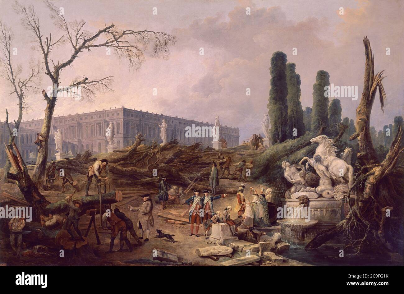 Tree Felling in the Garden of Versailles around the Baths of Apollo - 1775-77 - 124x191 cm - oil on canvas - French Rococo. Author: Robert Hubert. Location: MUSEO PALACIO. Versailles. France. Stock Photo