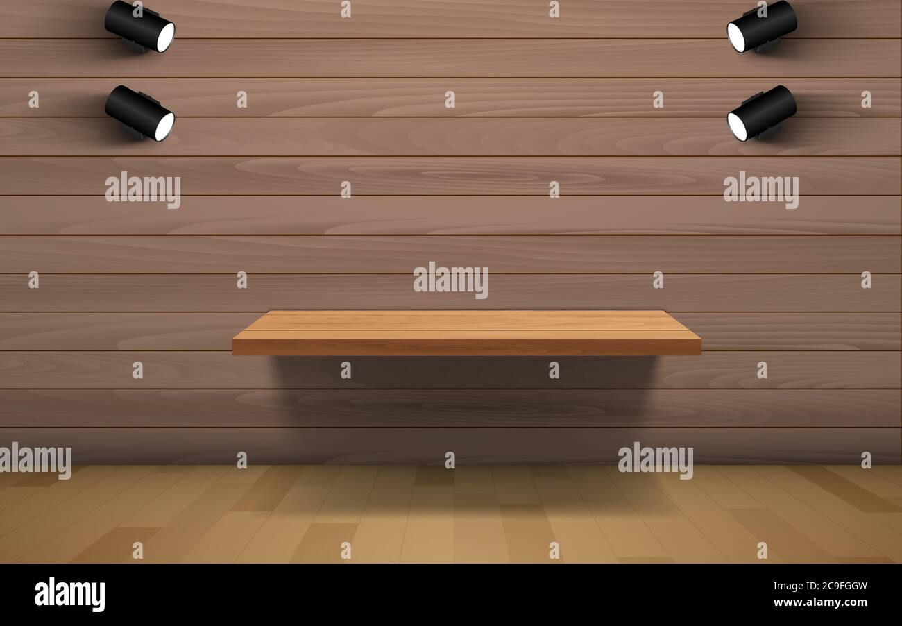 wooden shelf and spotlight in the wood studio room Stock Vector Image