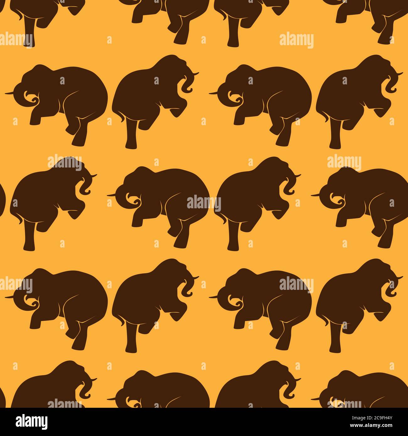 seamless pattern of dancing elephants silhouette brown on orange background. Vector image Stock Vector