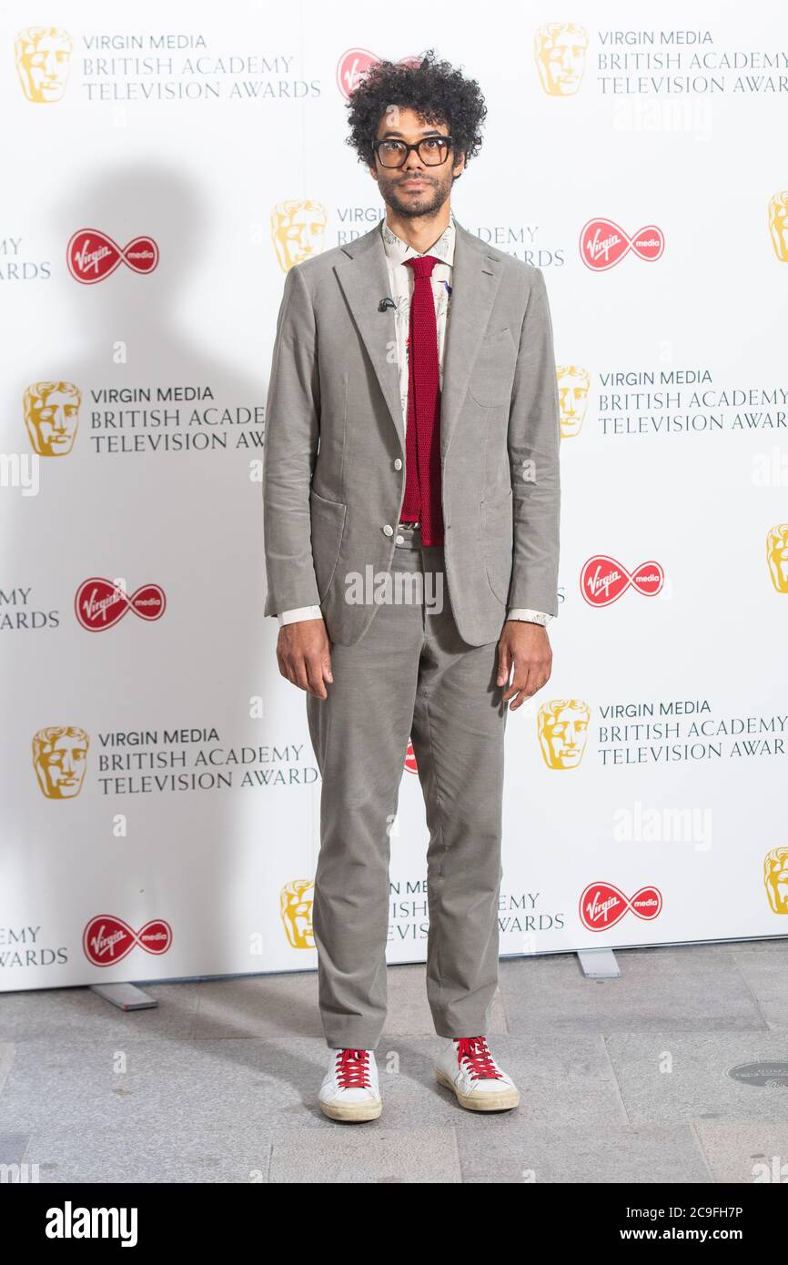 Richard Ayoade arrives for the Virgin Media BAFTA TV awards at the TV Centre, Wood Lane, London. Due to the coronavirus pandemic the ceremony is being held behind closed doors with all nominees participating over video call. The event hosted by Richard Ayoade will be broadcast as-live on BBC One at 1900. Stock Photo