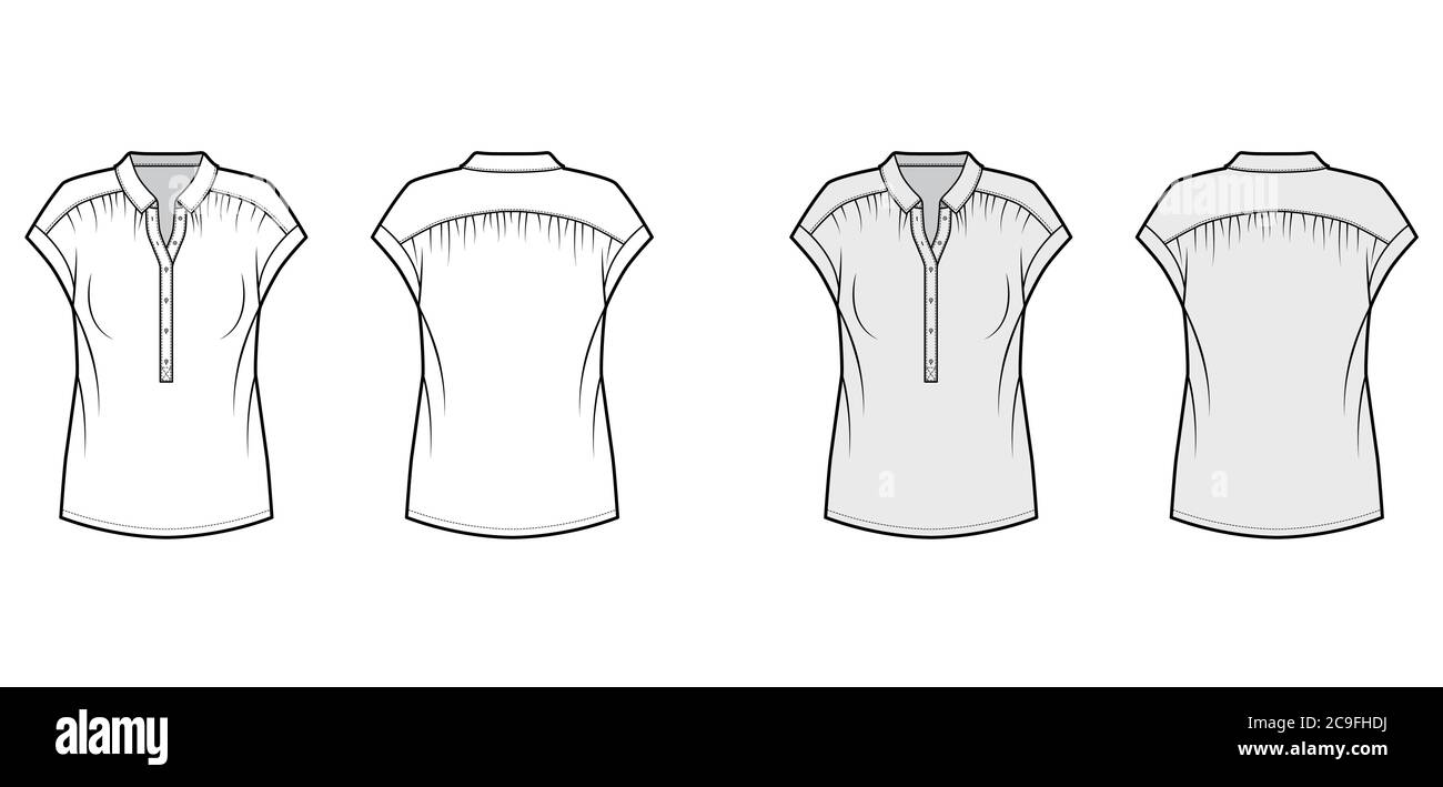 Henley top technical fashion illustration with loose silhouette, regular colar, sleeveless, gentle pleats. Flat blouse apparel template front, back white grey color. Women, men unisex shirt CAD mockup Stock Vector