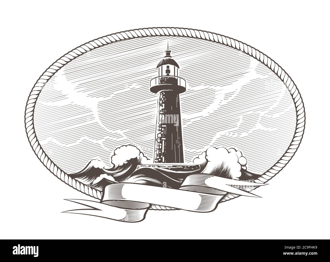 Lighthouse and Stormy Sea with blank ribbon in a circle of rope vintage engraving Emblem. Vector Illustration Stock Vector