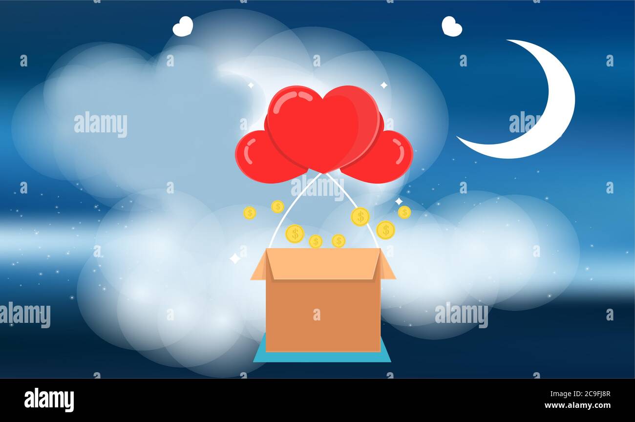 hearts are flying out of the box in the sky Stock Vector