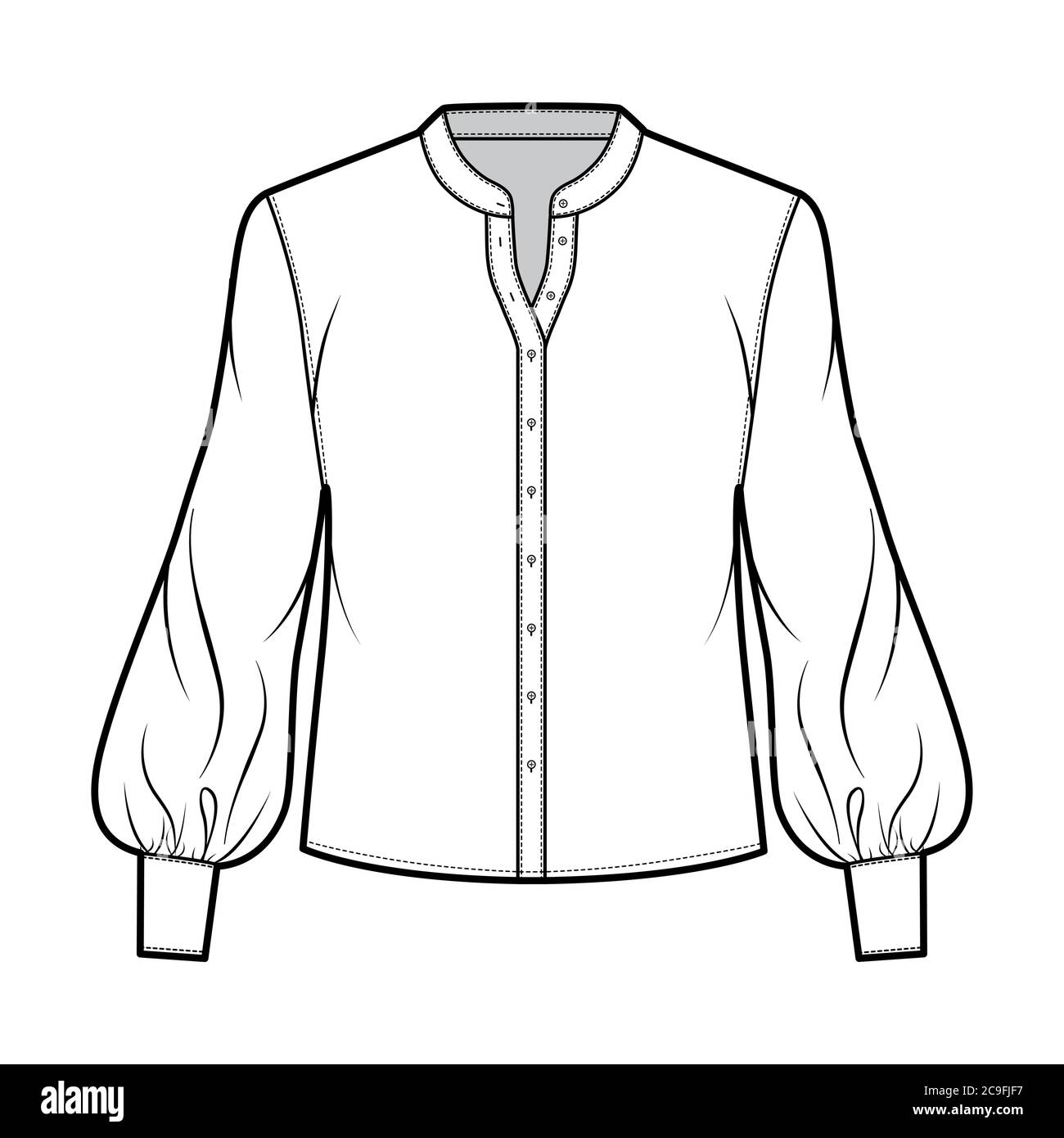 Stand collar shirt technical fashion illustration with long bishop sleeve with cuff, front button-fastening, loose silhouette. Flat blouse apparel template front white color. Women, men unisex top CAD Stock Vector