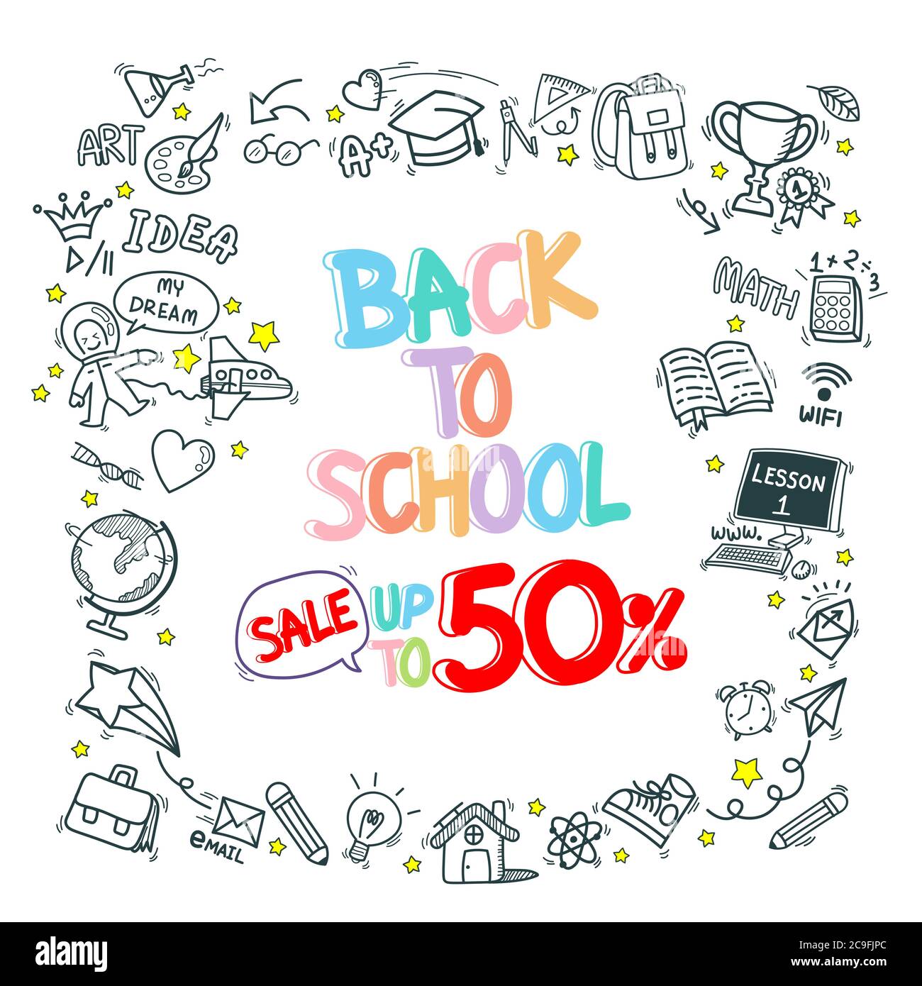 back to school stationery supply item discount doodle icons pattern background. hand drawn cartoon education sign and icon symbols isolated on white Stock Vector