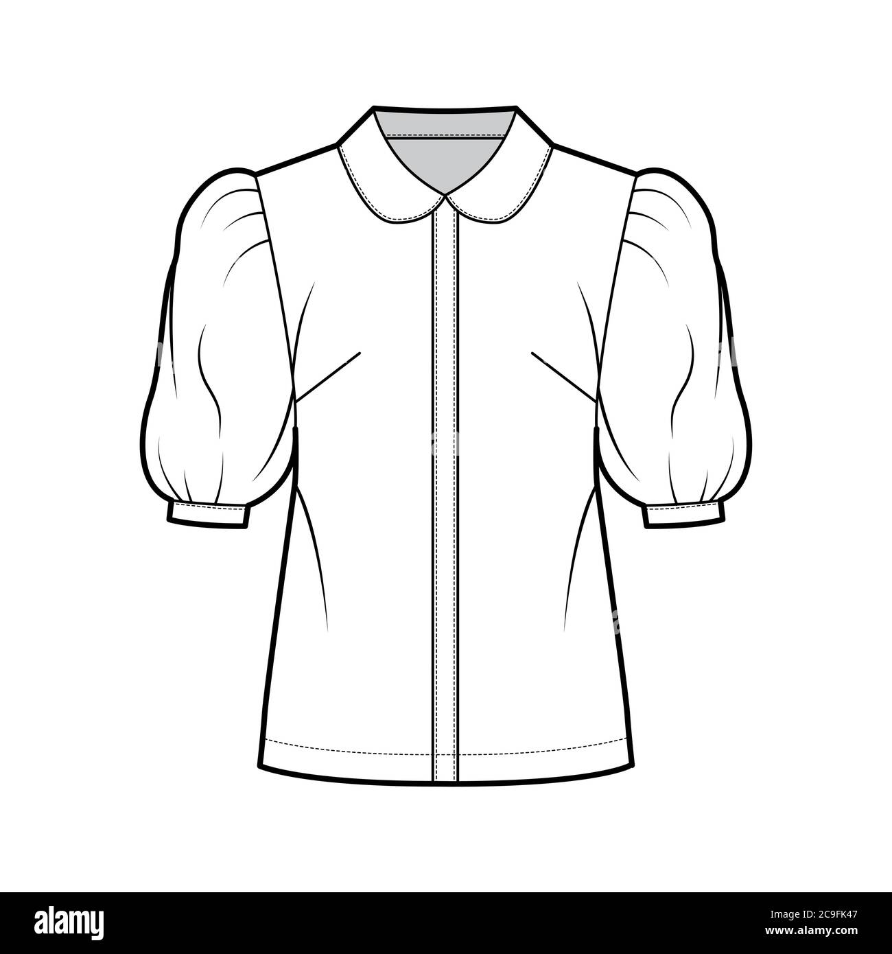 Elbow puff sleeve shirt technical fashion illustration with round collar, front button-fastening, loose silhouette. Flat blouse apparel template front, white color. Women, men unisex top CAD mockup Stock Vector