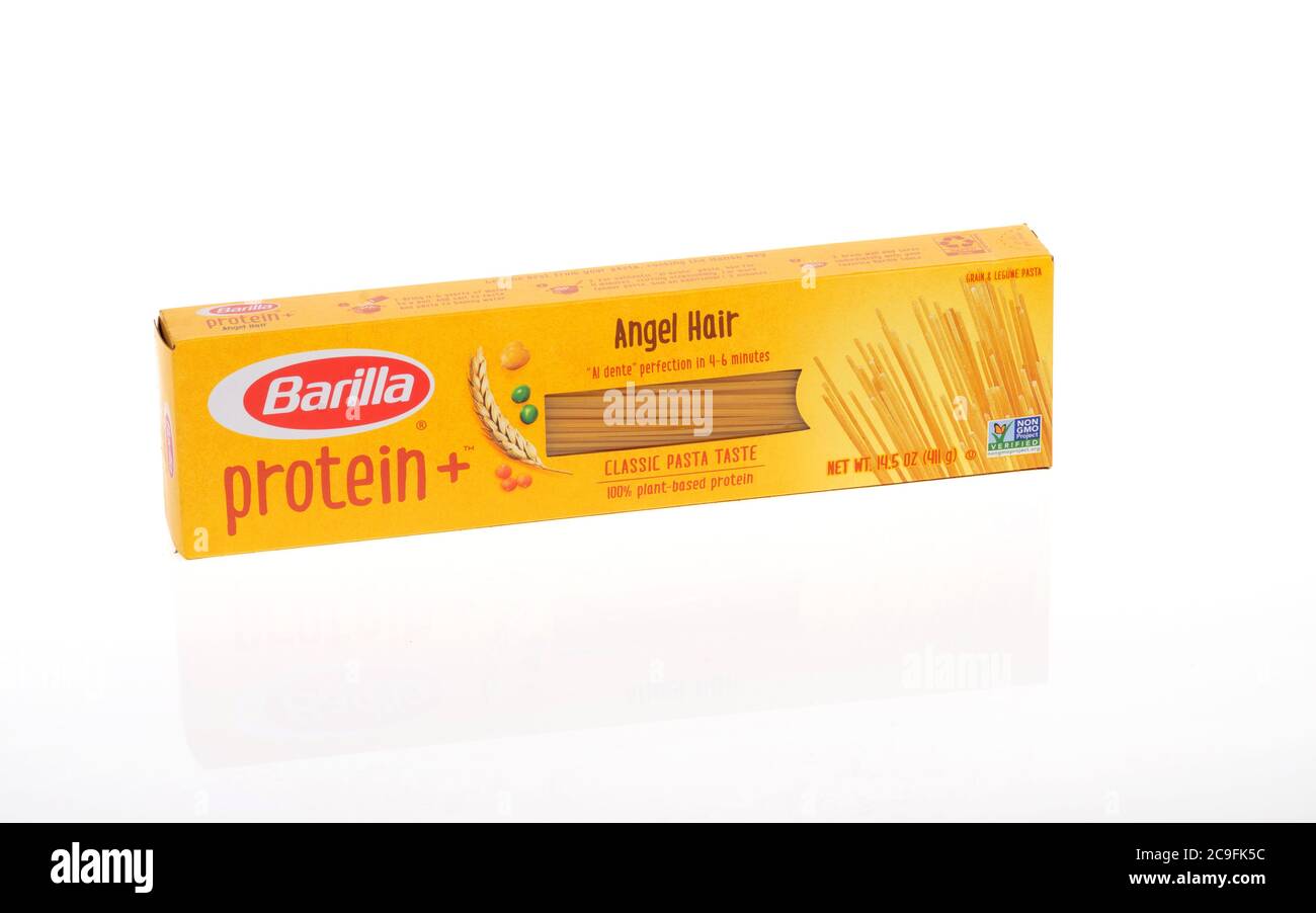 Box of Barilla Protein Plus Angel Hair pasta from 100% plant based protein Stock Photo