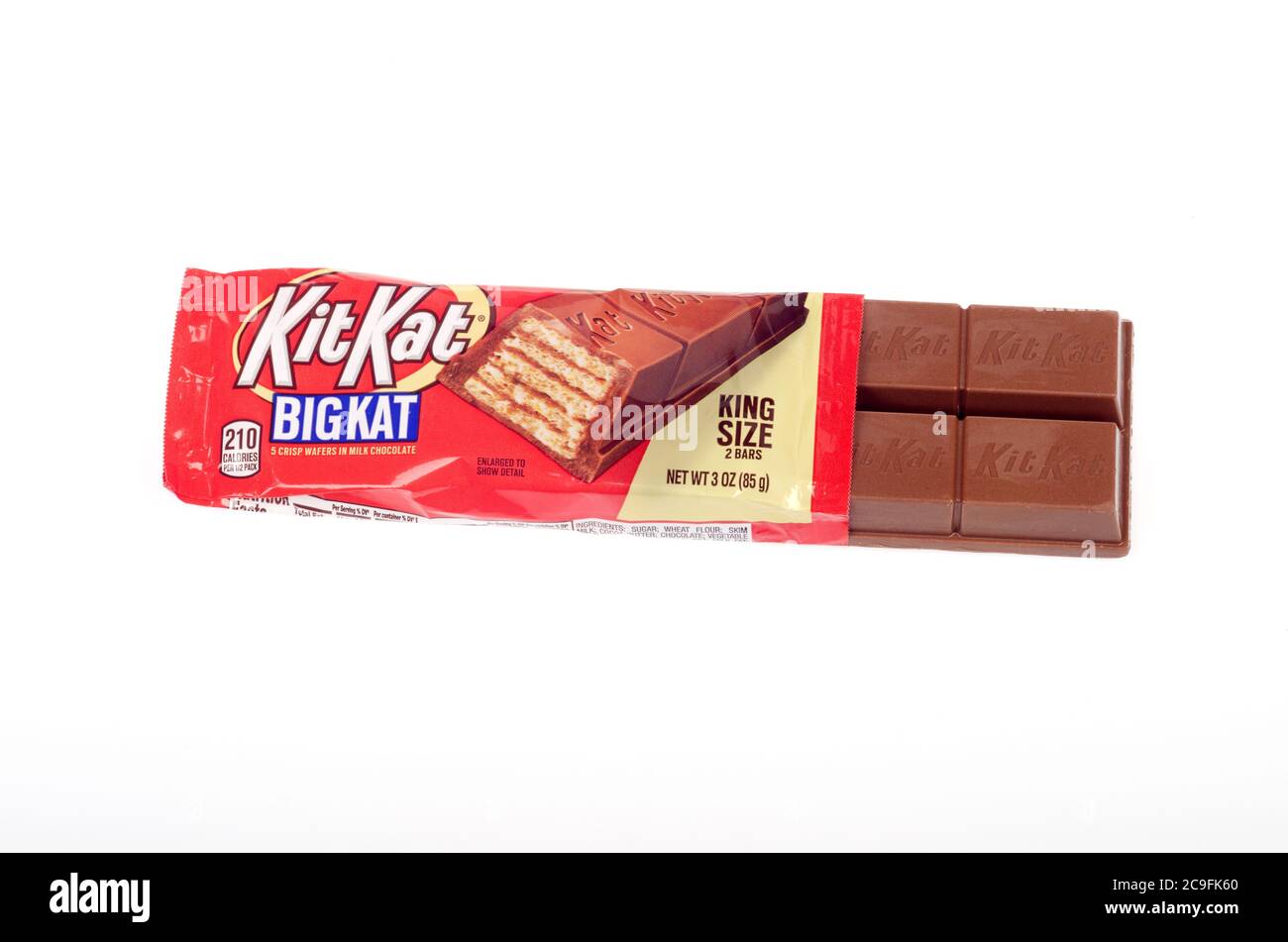 Hershey’s Kit Kat Big Kat with wrapper opened showing candy bar of crisp wafers in milk chocolate Stock Photo