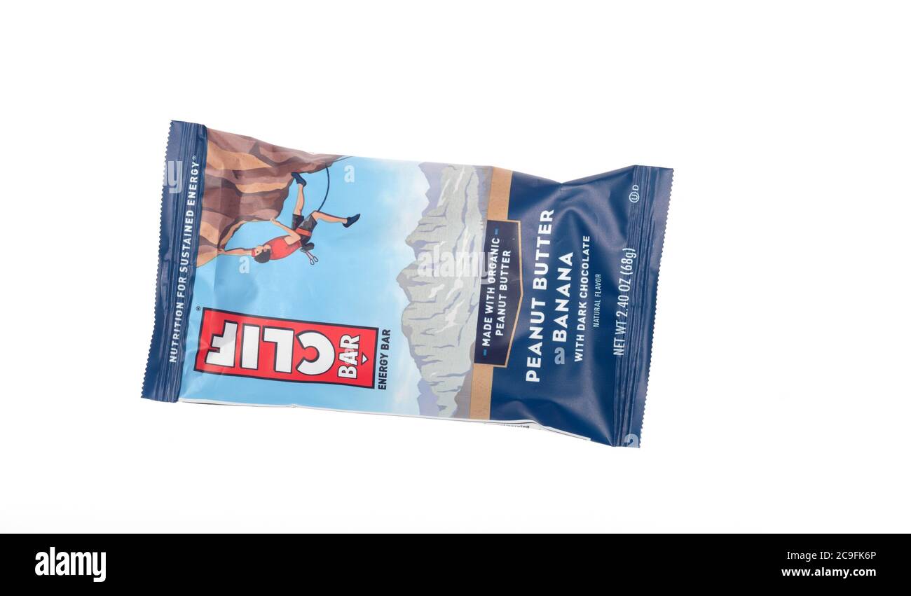 Clif Bar Organic Peanut Butter with banana & dark chocolate fo energy Stock Photo