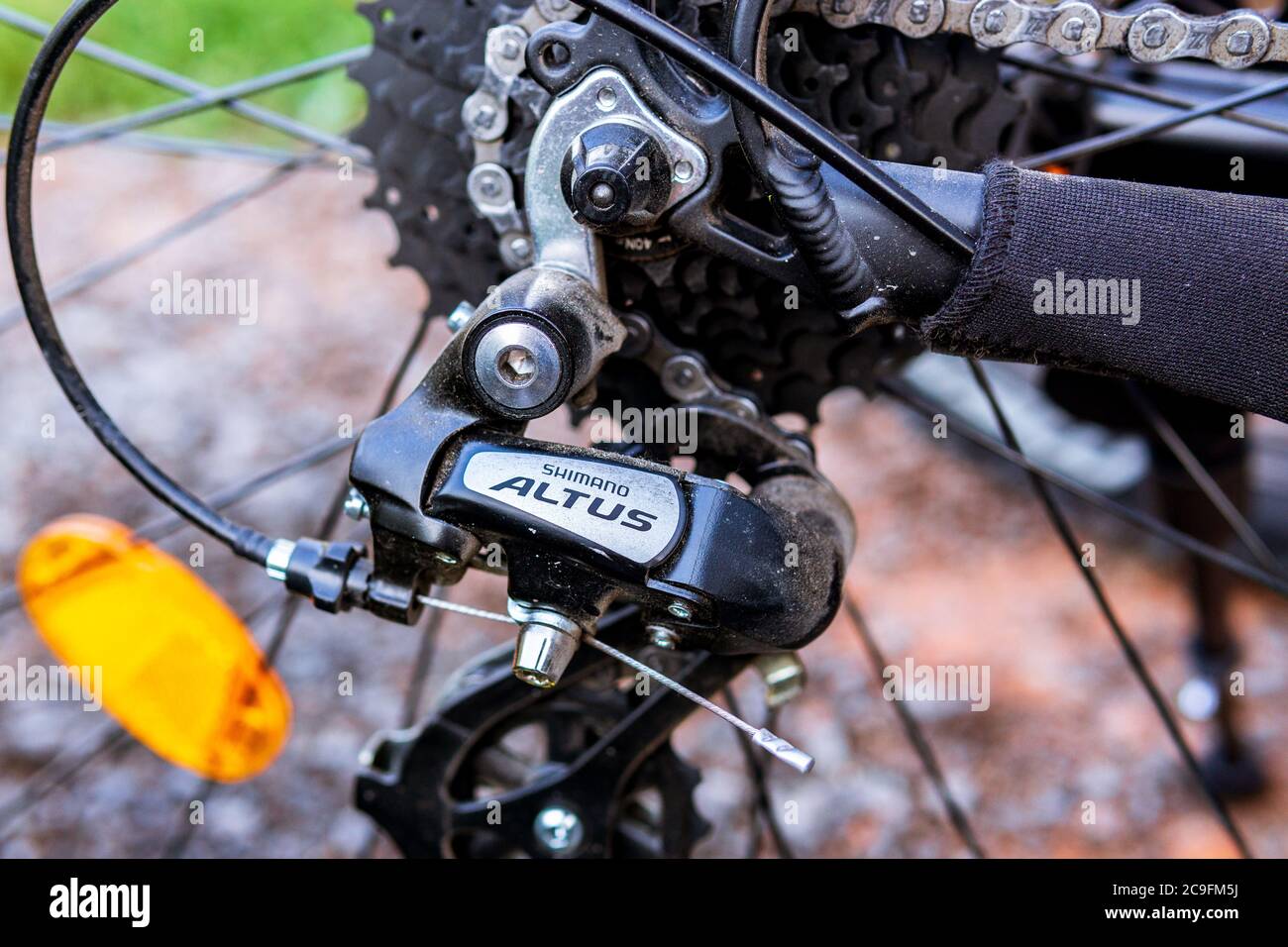 Tyumen, Russia-July 29, 2020: Rear derailleur for Shimano altus bike.  Shimano is a Japanese company, one of the world largest manufacturers of  Bicycle Stock Photo - Alamy