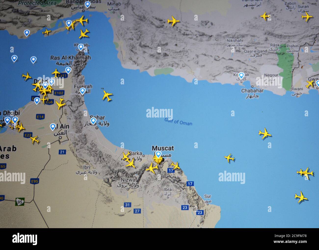 air traffic over Oman  and Ormutz strait (22 july 2020, UTC 08.22)  on Internet with Flightradar 24 site, during the Coronavirus Pandemic Stock Photo