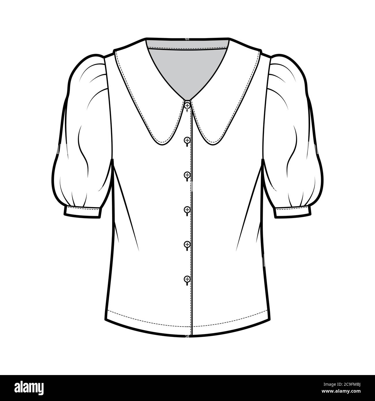 Scalloped collar shirt technical fashion illustration with elbow puff sleeve, front button-fastening, loose silhouette. Flat blouse apparel template front white color. Women, men unisex top CAD mockup Stock Vector