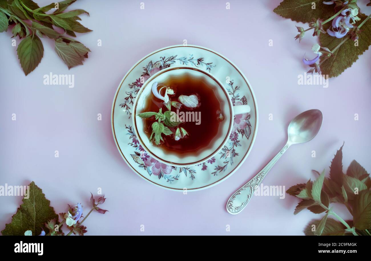 Herbal tea with sage and mint leaves. Stock Photo