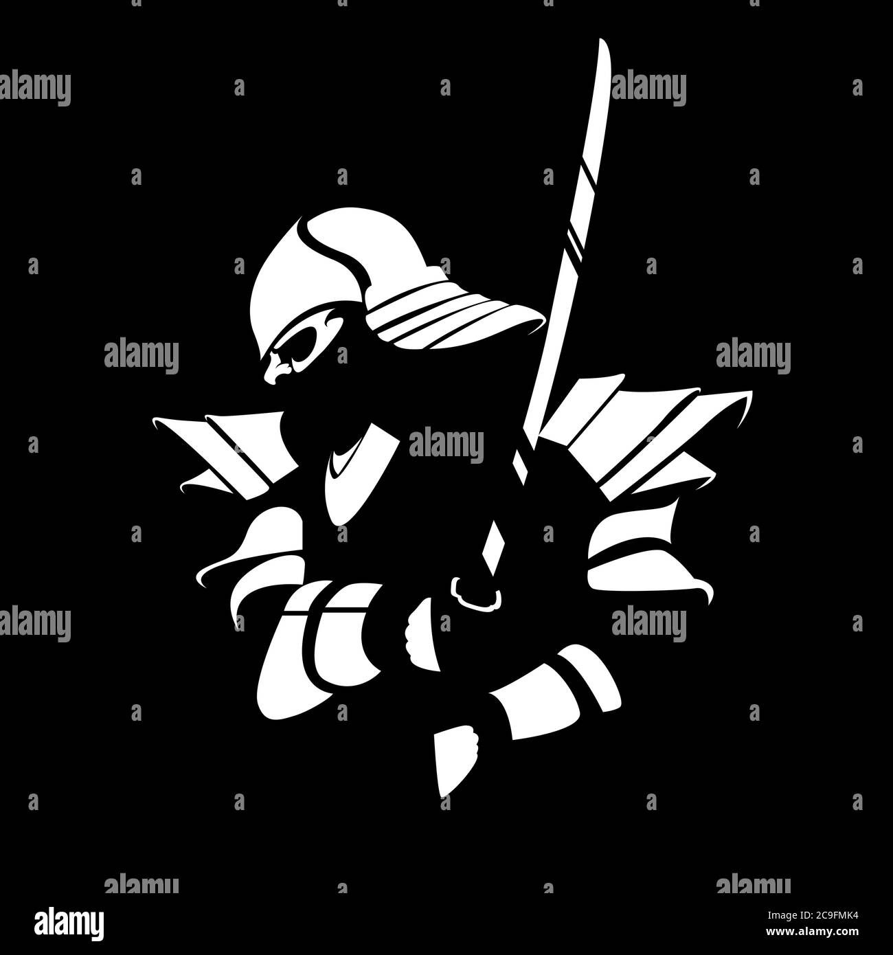 Silhouette of a samurai in armor with a katana on a black background Stock Vector