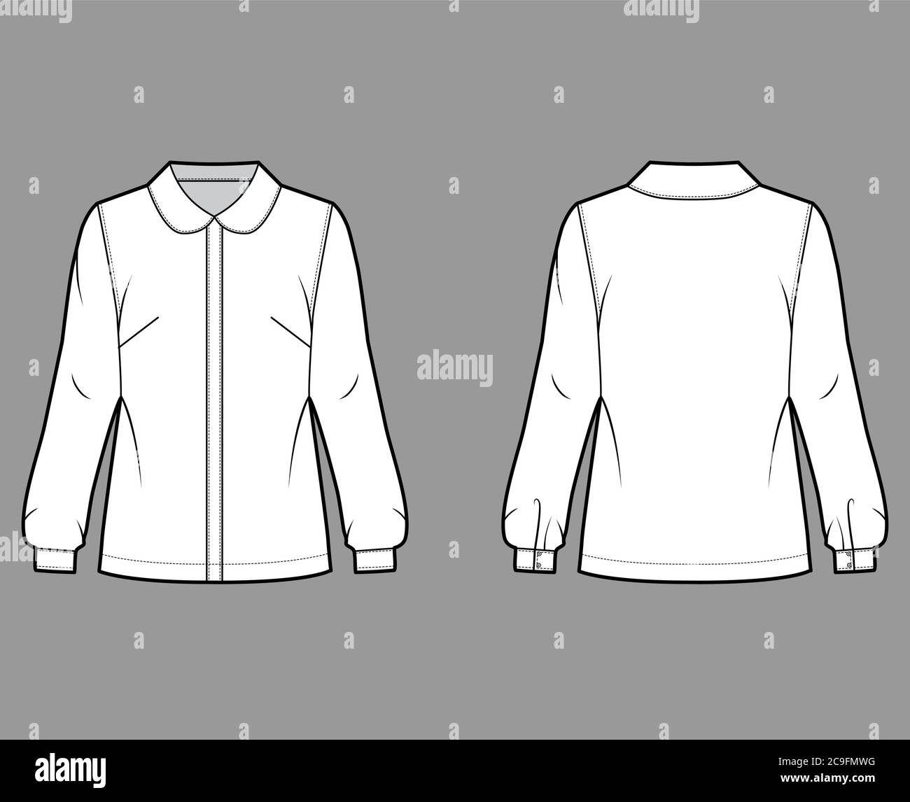 Round collar shirt technical fashion illustration with loose silhouette, long sleeve with cuff, front button fastening. Flat apparel blouse template front back white color. Women, men unisex top CAD Stock Vector