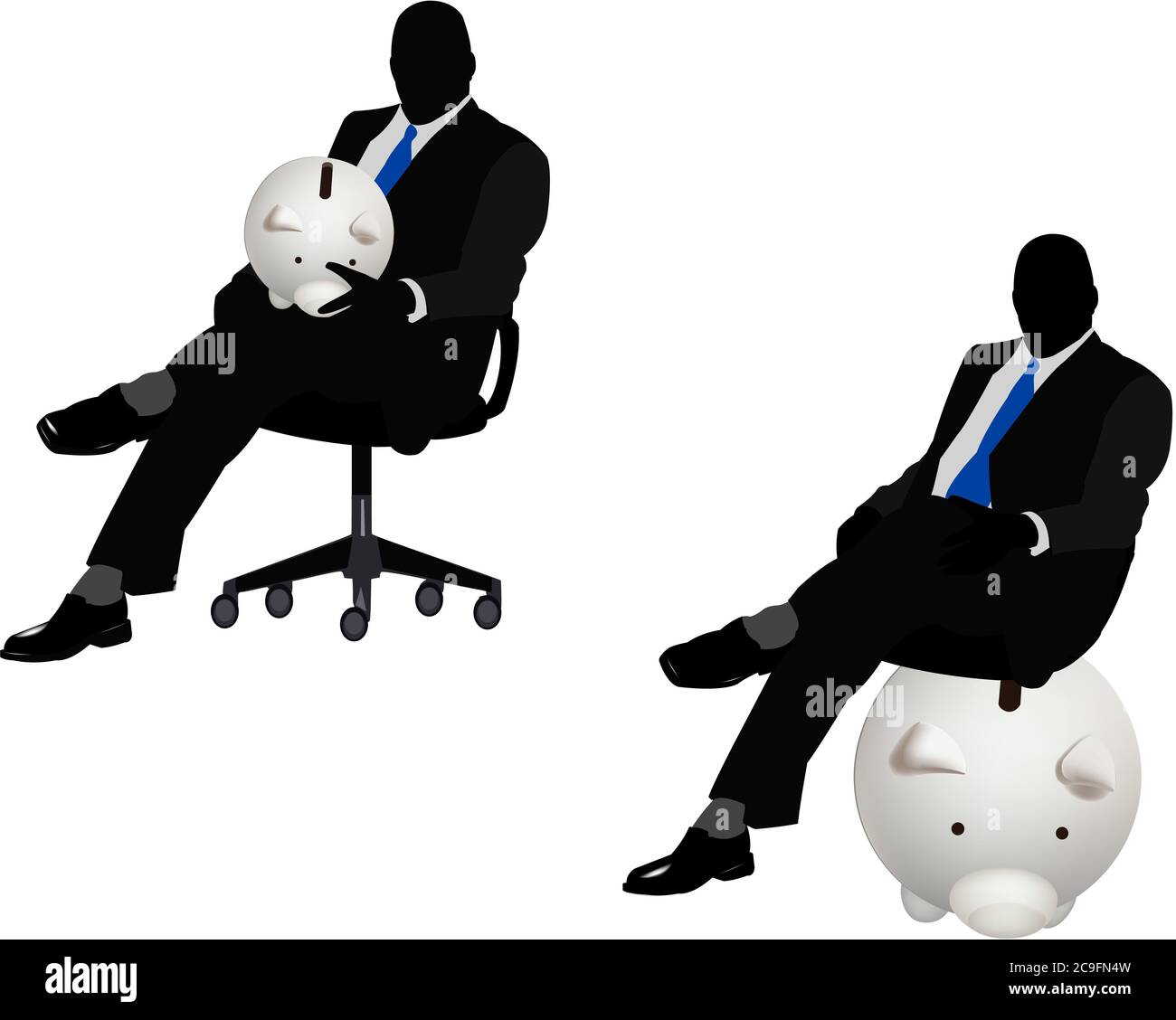 Illustration of a male businessman figure with a piggy bank on an ...