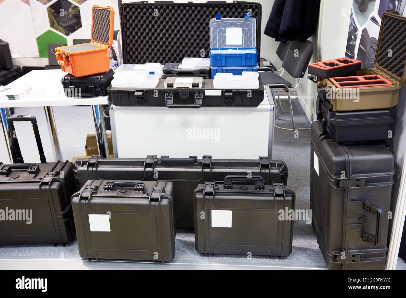 Black tools boxes in hardware store Stock Photo Alamy