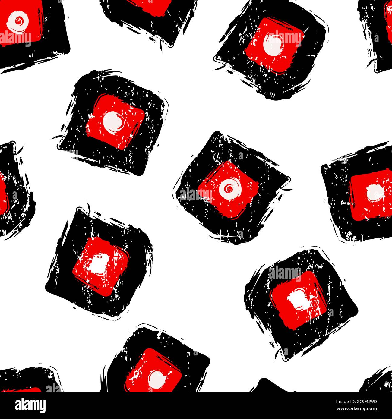 seamless background pattern, with squares, circles, strokes and splashes, black and white Stock Vector
