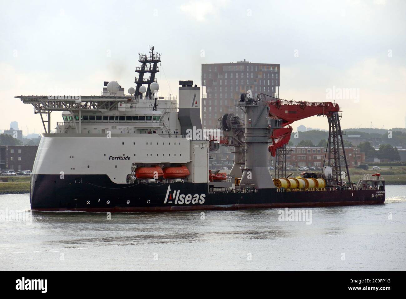 The offshore supply ship Fortitude will leave the port of Rotterdam on July 3, 2020. Stock Photo