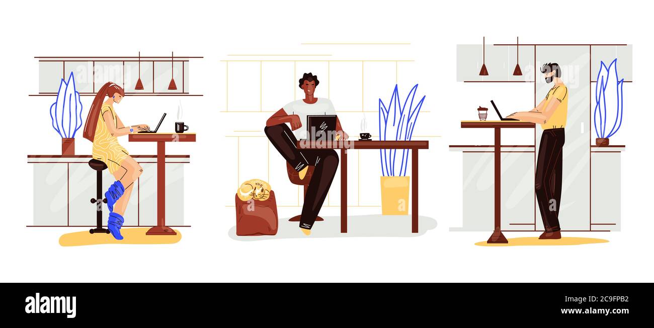 Freelance people work in comfortable cozy kitchen set vector flat illustration. Freelancer multiracial character working from home at relaxed pace Stock Vector