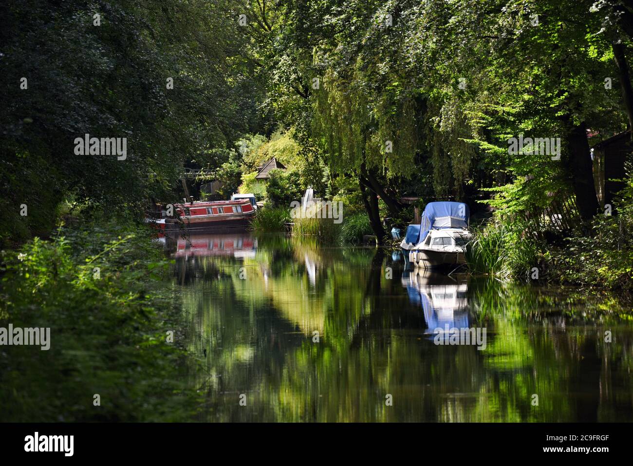 Boats are reflected in the still waters of the beautiful Basingstoke Canal in this photo taken near Frimley in Surrey Stock Photo