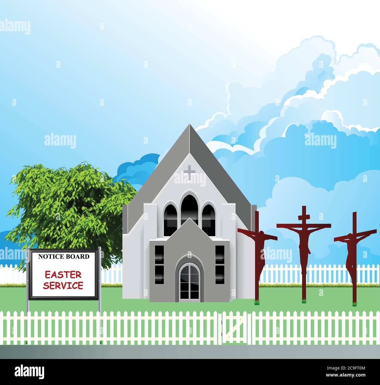 Christian parish church with Easter service commemorating the resurrection of Jesus set against a blue cloudy sky Stock Vector