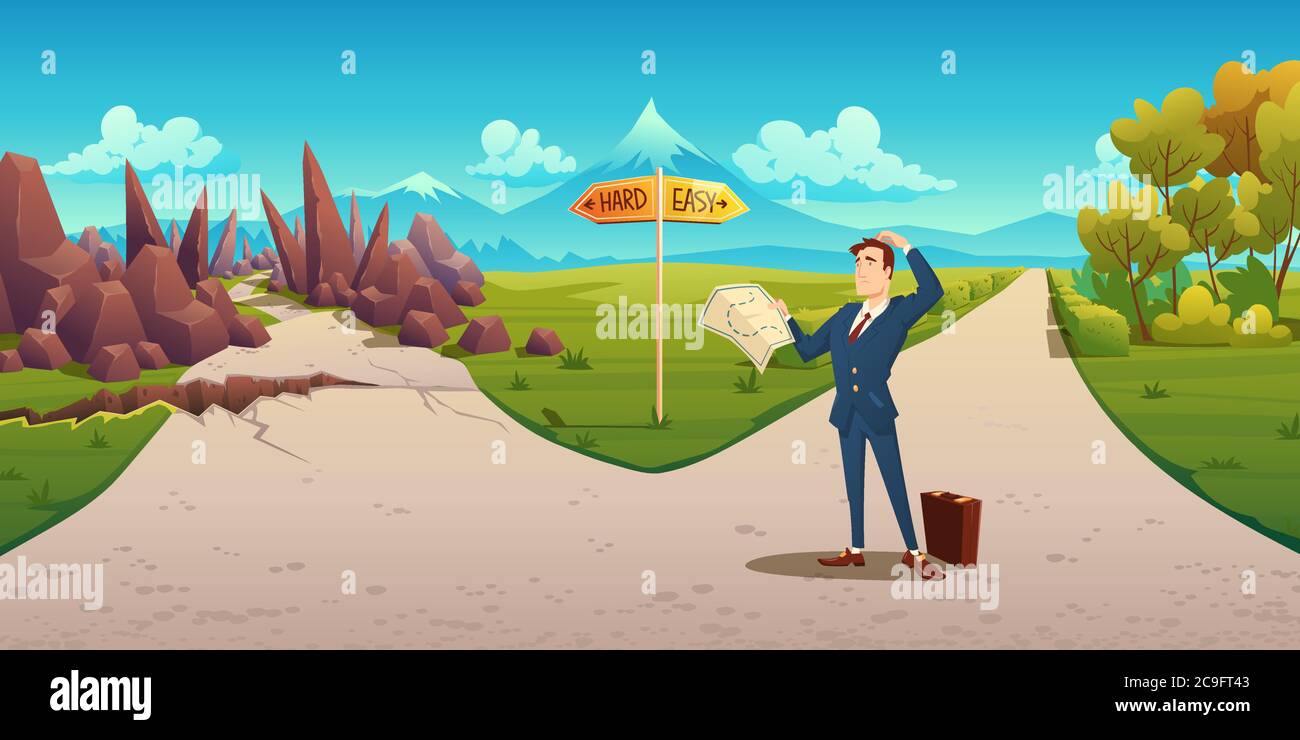 Confused man with map makes choice between hard and easy way. Vector cartoon  landscape with businessman on road with direction sign, curvy path with  rocks and simple straight road Stock Vector Image