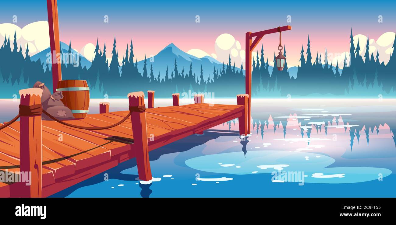 Wooden pier on lake, pond or river landscape, wharf with ropes, lantern, barrel and sacks on picturesque background with clouds, spruces and mountains reflection in water. Cartoon vector illustration Stock Vector