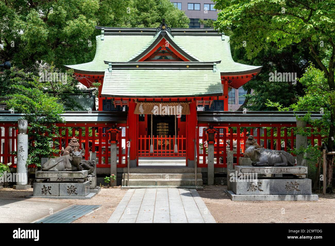 Fukuoka, Japan, May 28 2019, entrance in the famous ancient Suikyo Tenmangu Shrine. This shrine with its garden is a quiet and peaceful hidden place i Stock Photo