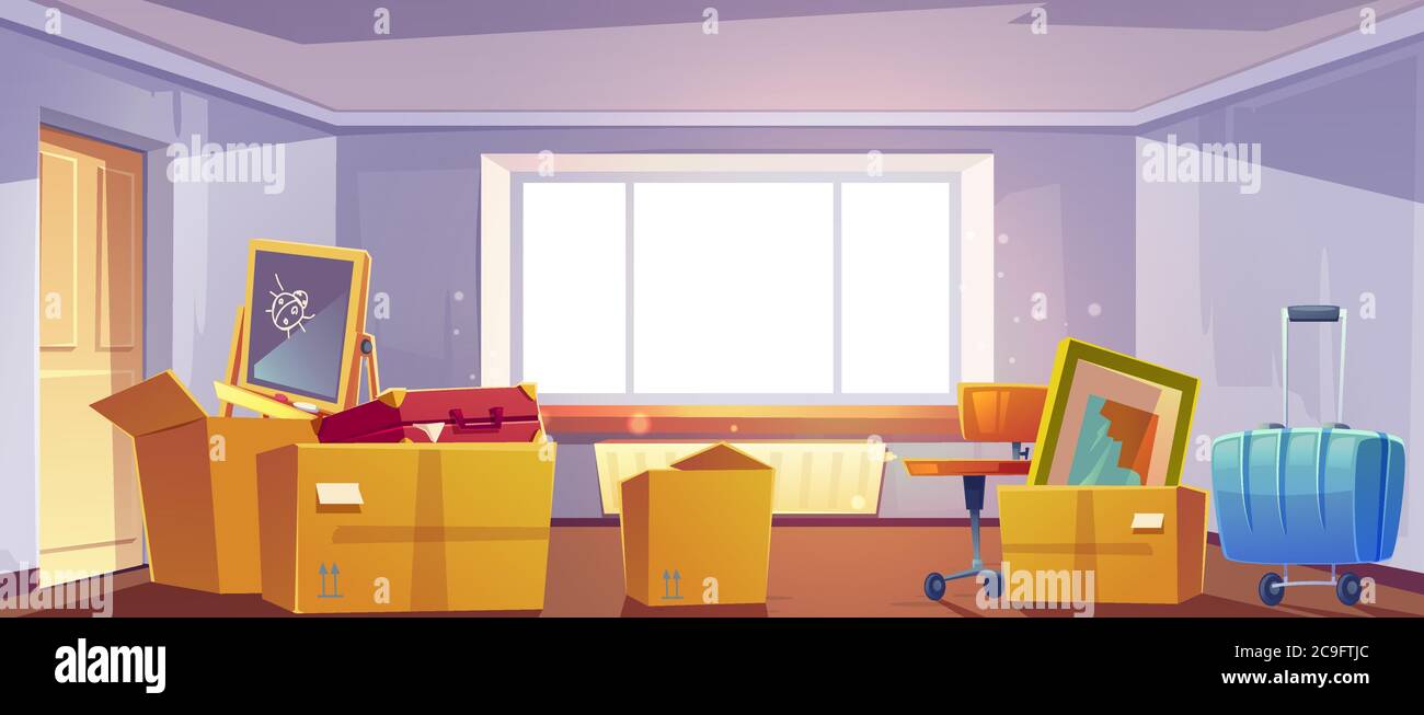 Boxes in room, move to new house concept. Home with cardboard containers full of household stuff, furniture, kids things and luggage, apartment interior with large window, Cartoon vector illustration Stock Vector