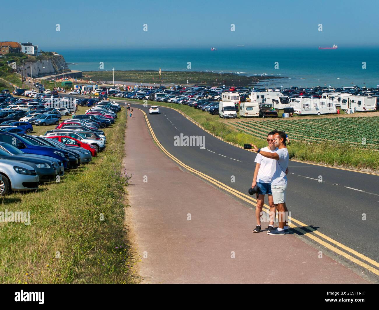 Joss Bay near Broadstairs Thanet Kent. Full Car parks at the beach. Stock Photo