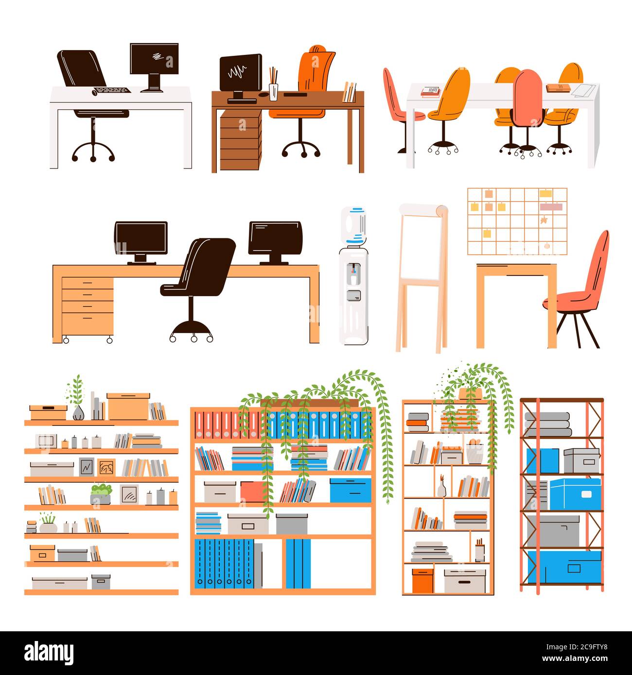 Vector flat collection of office and home work places, work stations - set of Furniture for team - desk with monitor, table, chair, office water Stock Vector