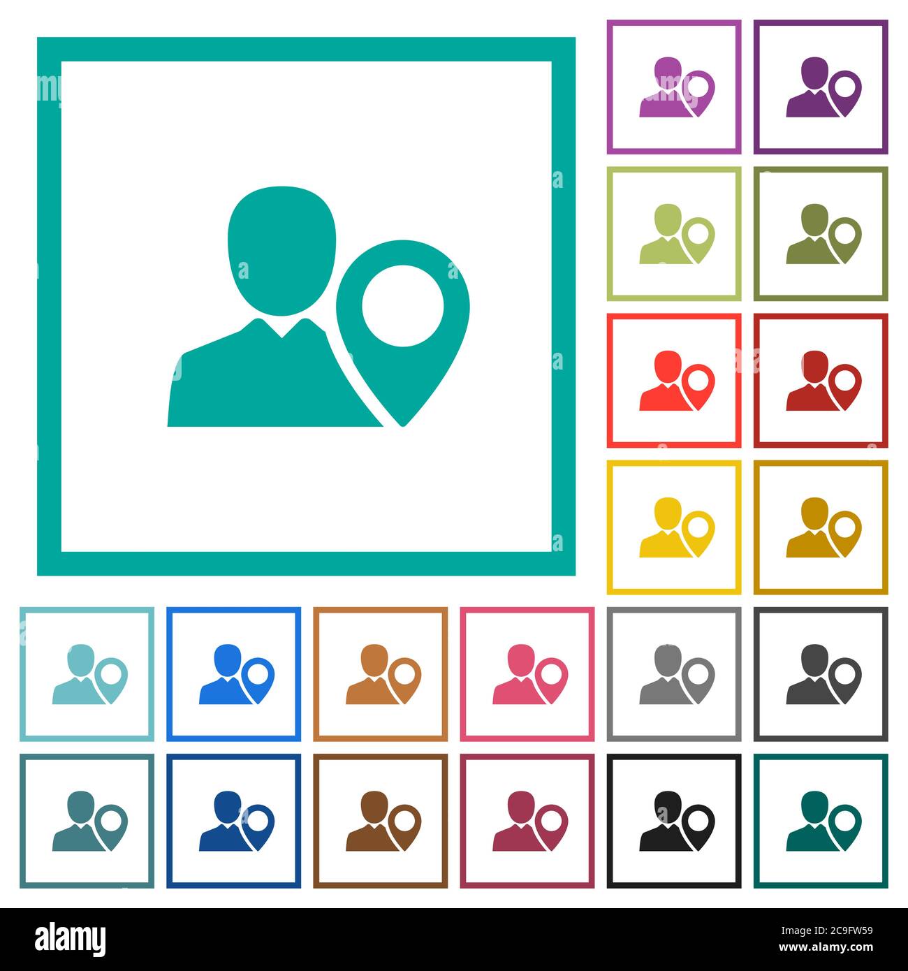 User location flat color icons with quadrant frames on white background Stock Vector