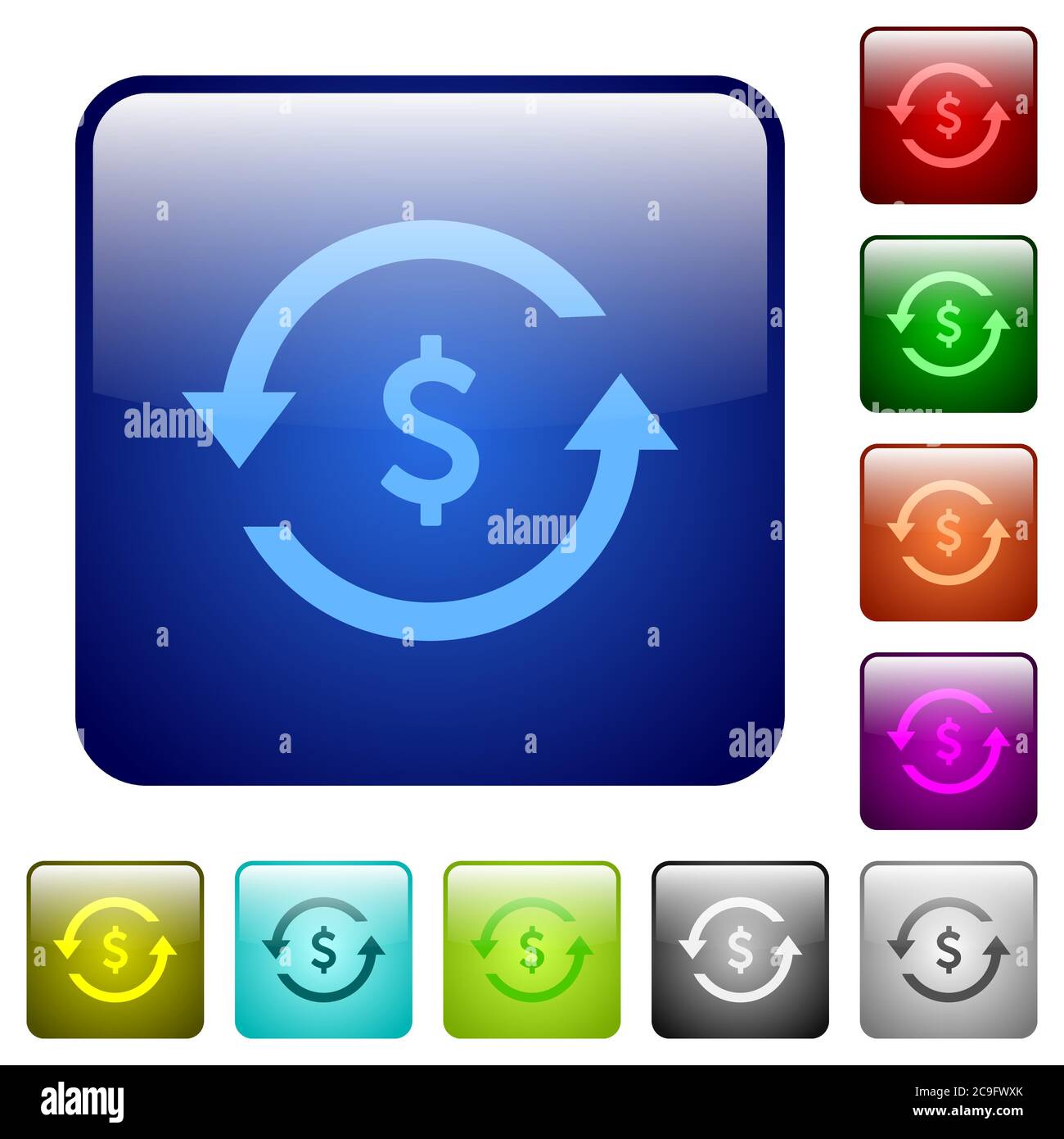 Dollar pay back icons in rounded square color glossy button set Stock Vector
