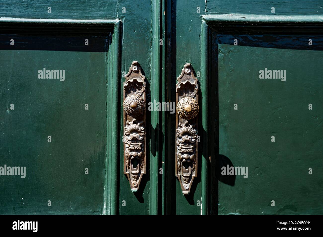 Patterned metal door handles on green double-leaf doors. Stock Photo